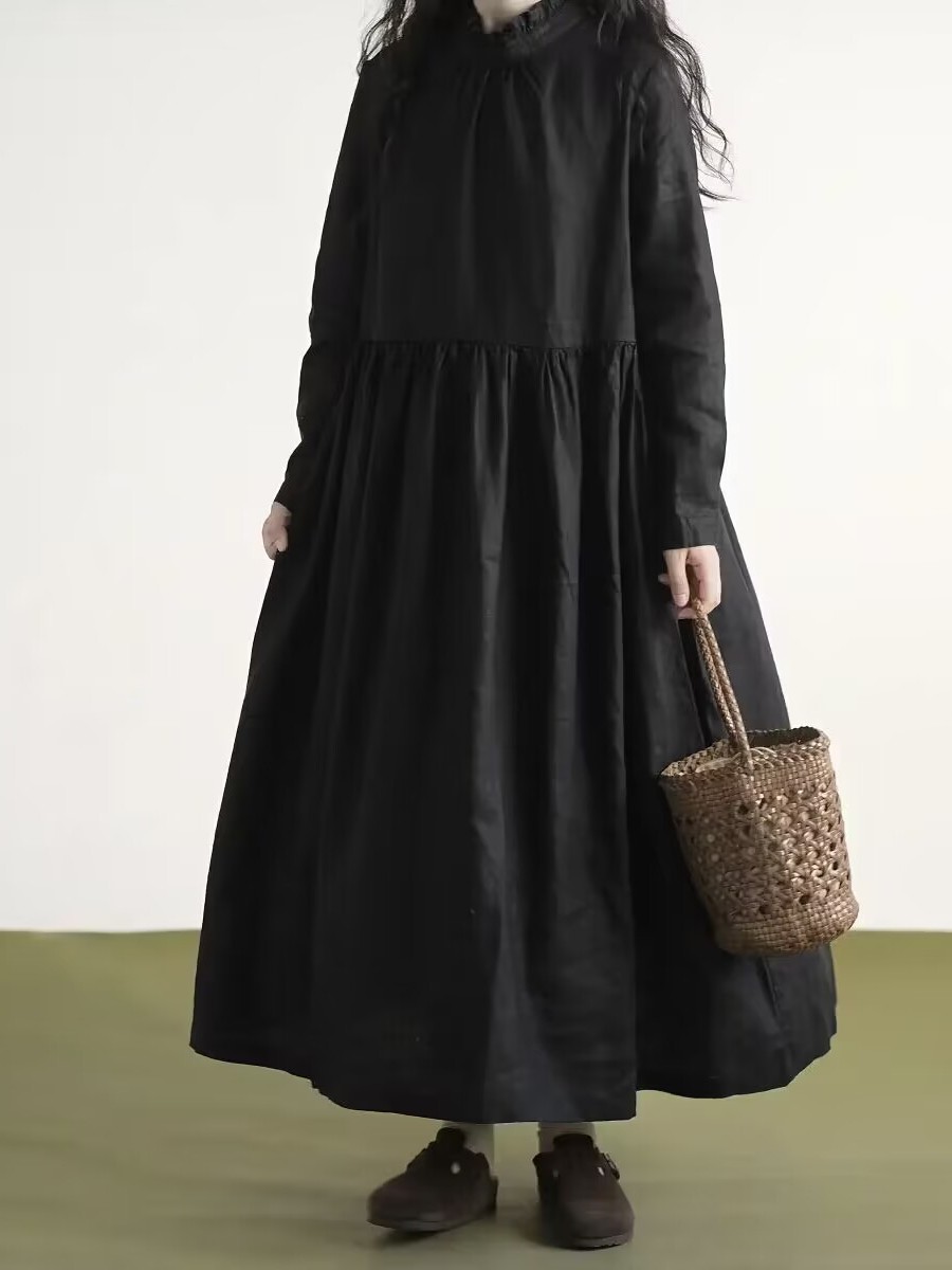 Casual Loose Linen Shirt Dress - Schwarzes Leinenkleid mit Spitzenkragen und langen