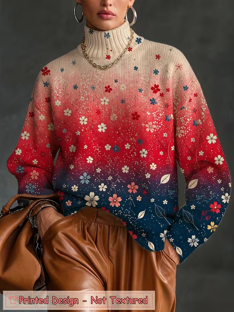 Blouses - Damen-Rollkragen-T-Shirt mit Farbverlauf und Blumenmuster, langärmlig,
