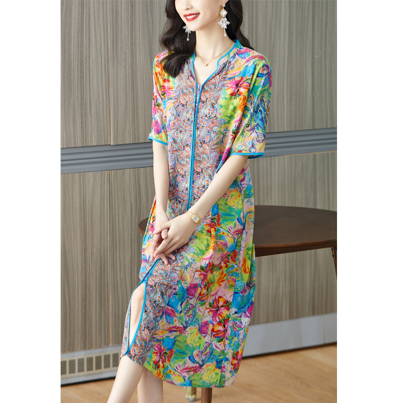French Vintage Floral Midi Dress - 2024 neue rosa Blumen Maulbeer Seide