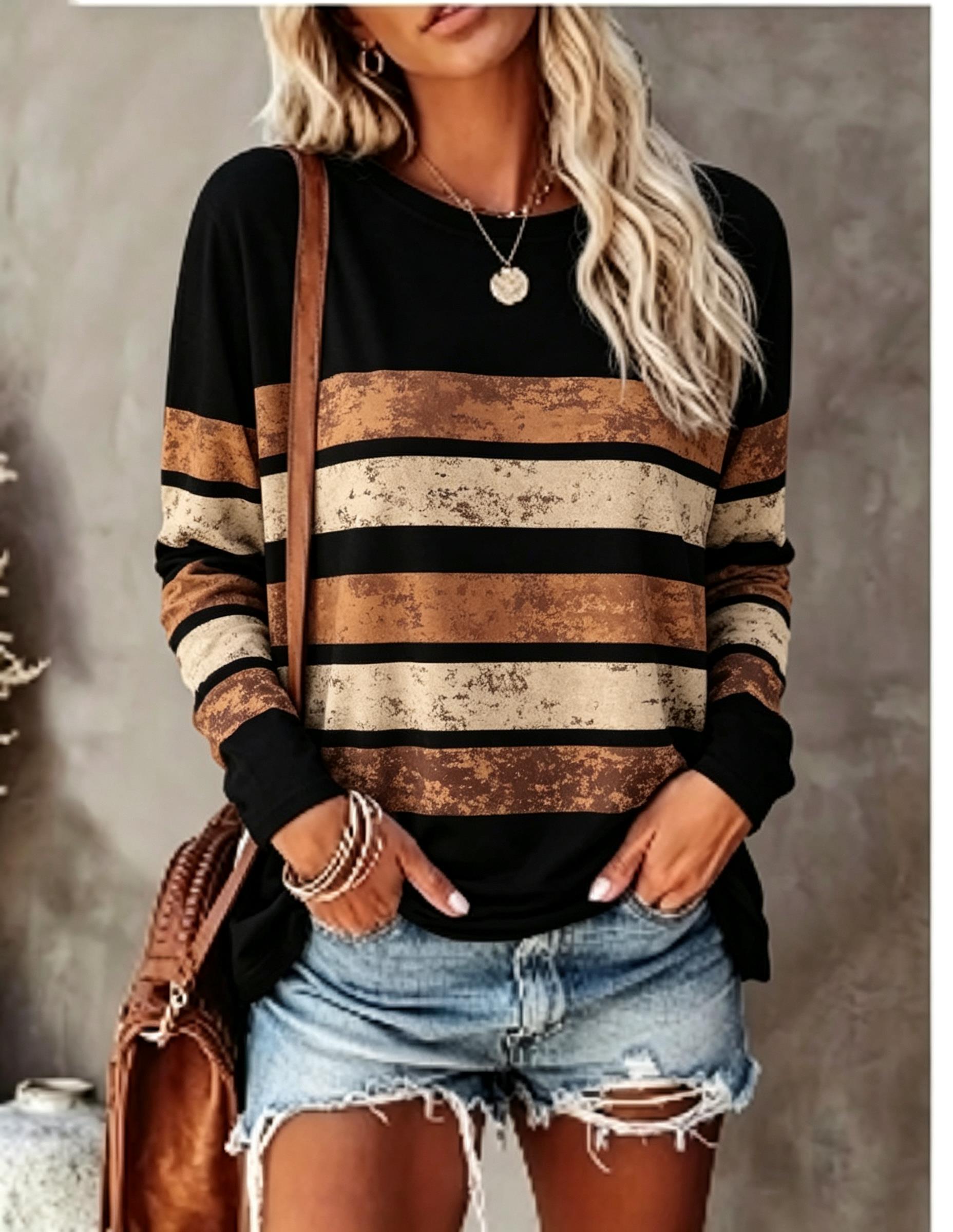 Blouses - Damen-Langarm-T-Shirt, Vintage-Look, Used-Look, Farbblock- und Streifenmuster,
